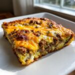 A square slice of baked Ground Beef and Zucchini Casserole topped with melted, golden-brown cheese.