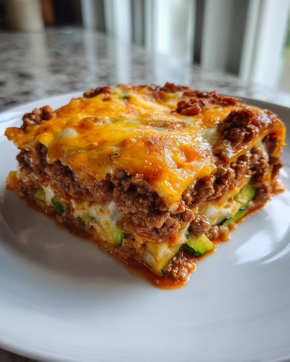A square slice of rich Ground Beef and Zucchini Casserole with layers of meat, zucchini, and melted orange cheese topping.