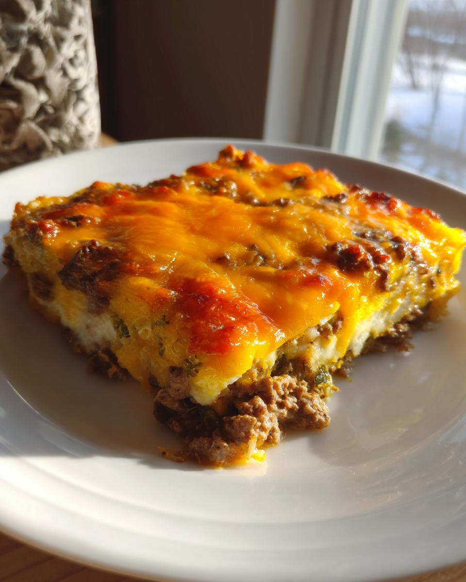 A square slice of Ground Beef and Zucchini Casserole topped with melted cheddar cheese on a white plate.