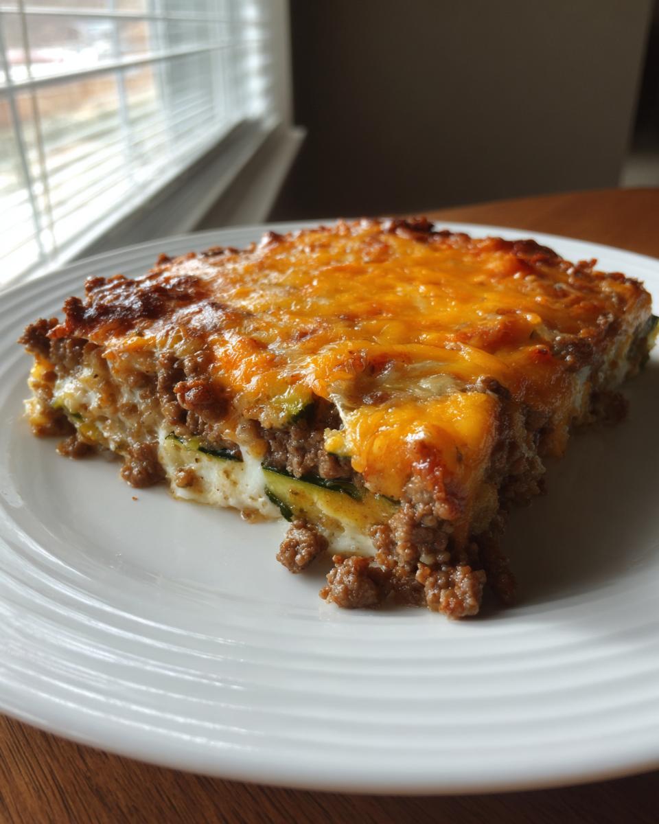 A close-up slice of Ground Beef and Zucchini Casserole topped with melted cheddar cheese on a white plate.