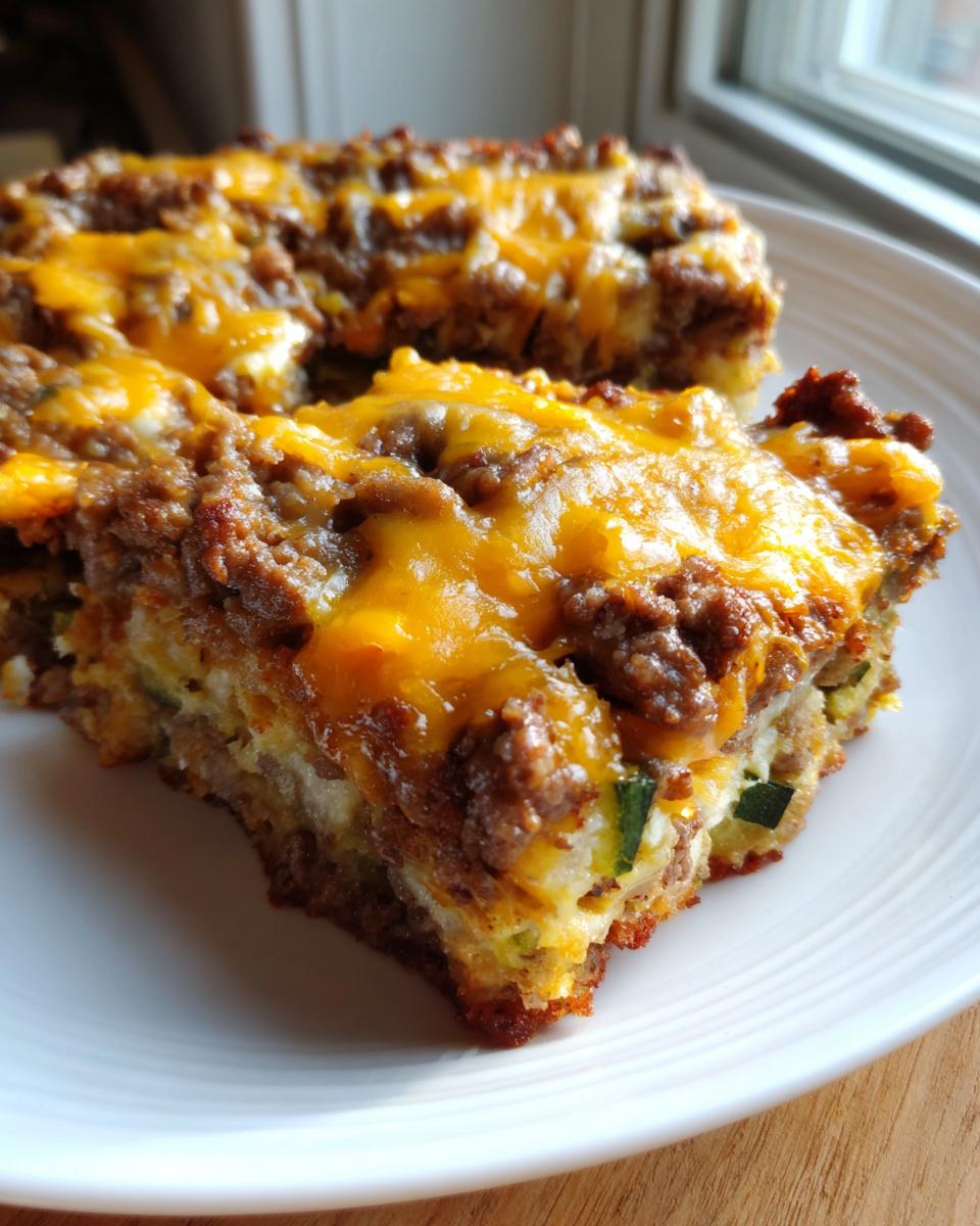 Close-up of two slices of Ground Beef and Zucchini Casserole topped with melted cheddar cheese on a white plate.