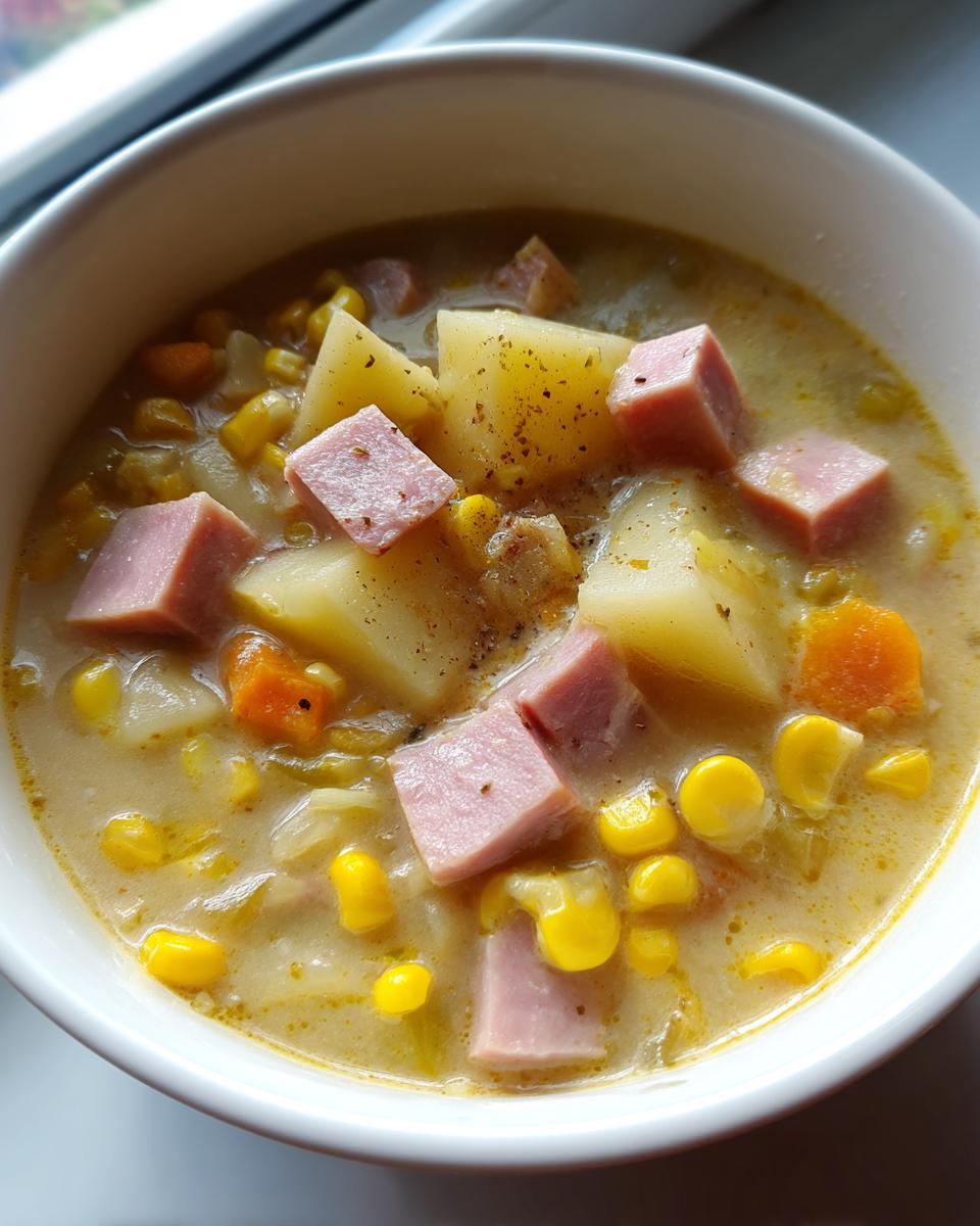 A close-up view of a creamy ham potato corn chowder, featuring large chunks of ham, potatoes, and bright yellow corn kernels.