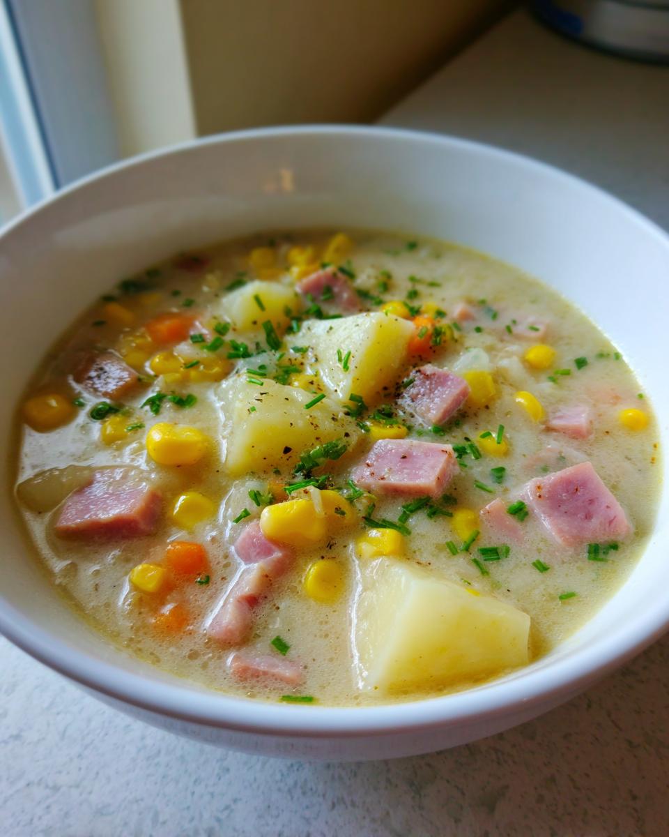 A close-up view of a hearty bowl of ham potato corn chowder, featuring chunks of ham, potatoes, corn, and chives in a creamy broth.
