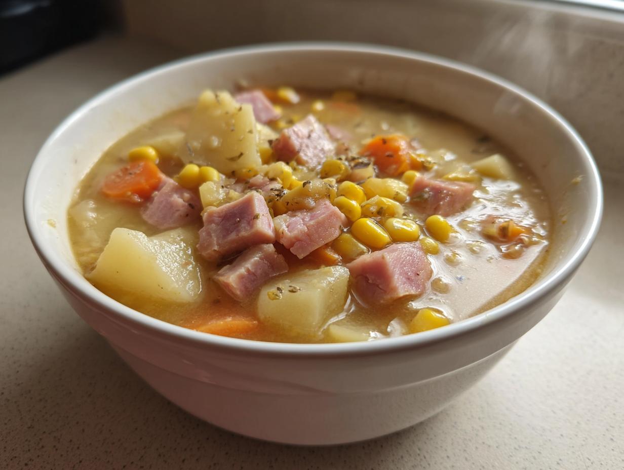 A close-up view of a steaming white bowl filled with creamy ham potato corn chowder, featuring chunks of ham, potatoes, and bright yellow corn kernels.