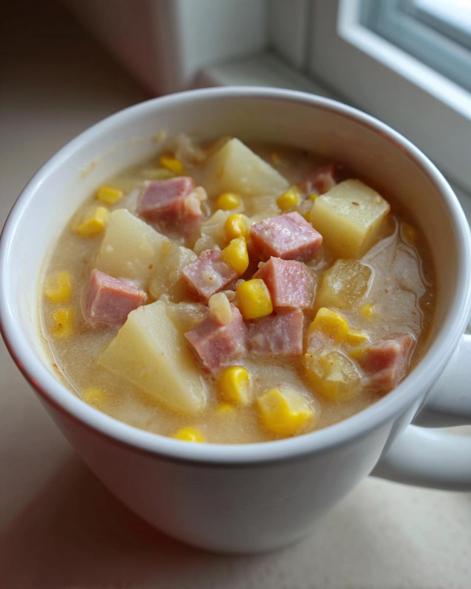 A close-up view of a hearty serving of ham potato corn chowder in a white mug, featuring chunks of ham, potatoes, and bright yellow corn.