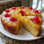 A slice cut from a hawaiian pineapple cake topped with caramelized pineapple rings and maraschino cherries.