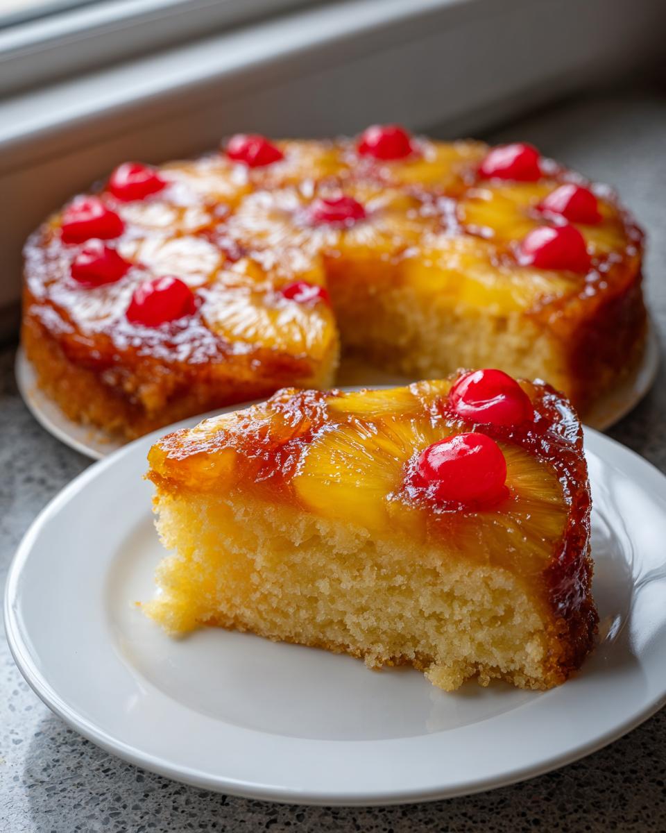 A close-up slice of moist hawaiian pineapple cake topped with caramelized pineapple rings and maraschino cherries.