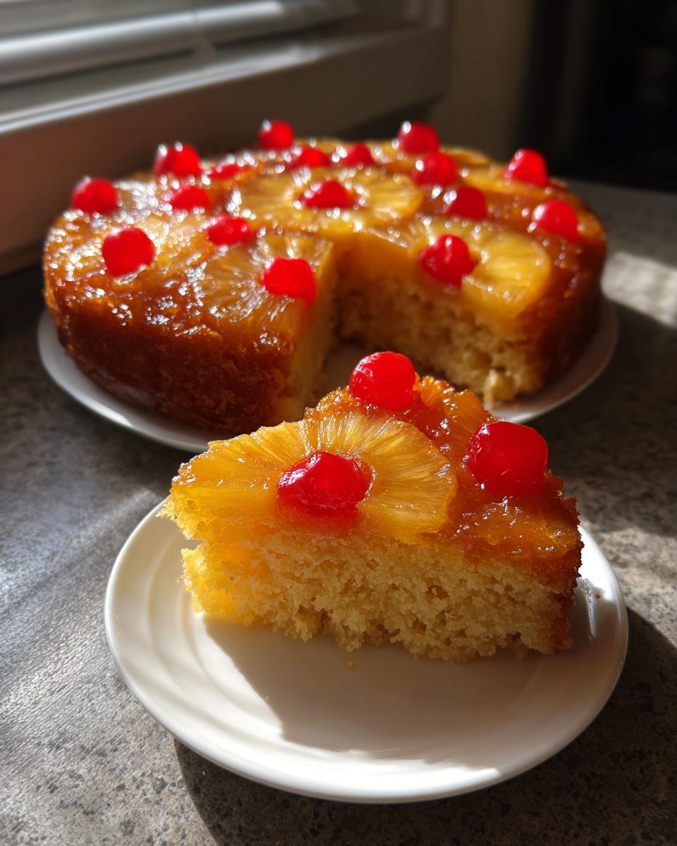 A slice of moist Hawaiian pineapple cake topped with caramelized pineapple rings and bright red maraschino cherries.