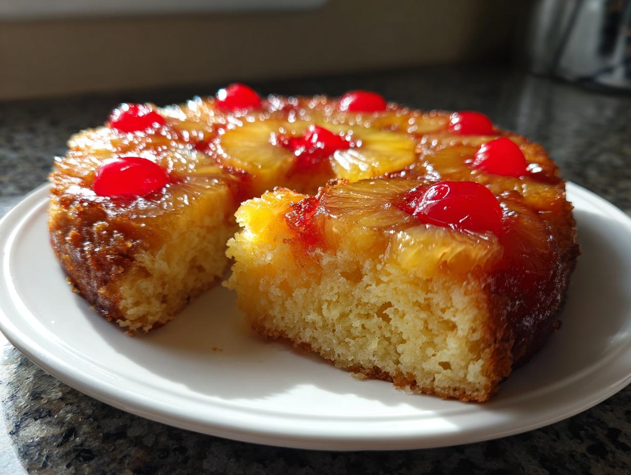 A moist slice cut from a whole hawaiian pineapple cake topped with caramelized pineapple rings and bright red maraschino cherries.