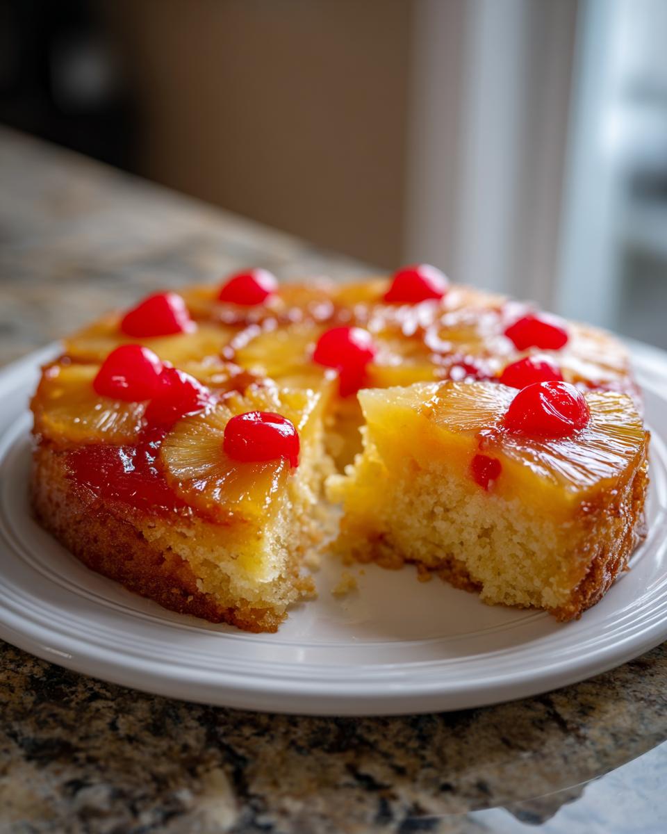A moist slice removed from a whole Hawaiian pineapple cake topped with caramelized pineapple rings and bright red maraschino cherries.