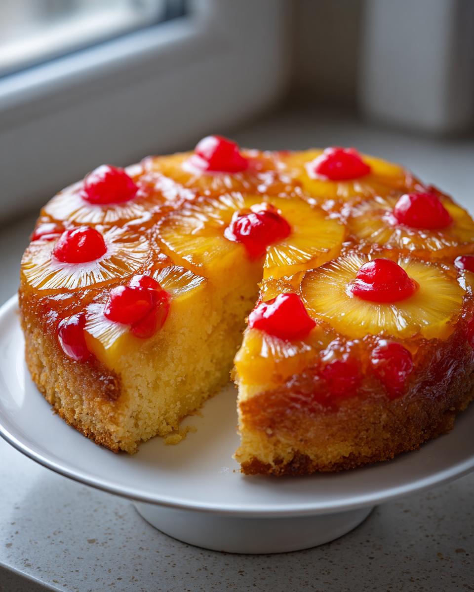 A slice removed from a whole hawaiian pineapple cake topped with caramelized pineapple rings and maraschino cherries.