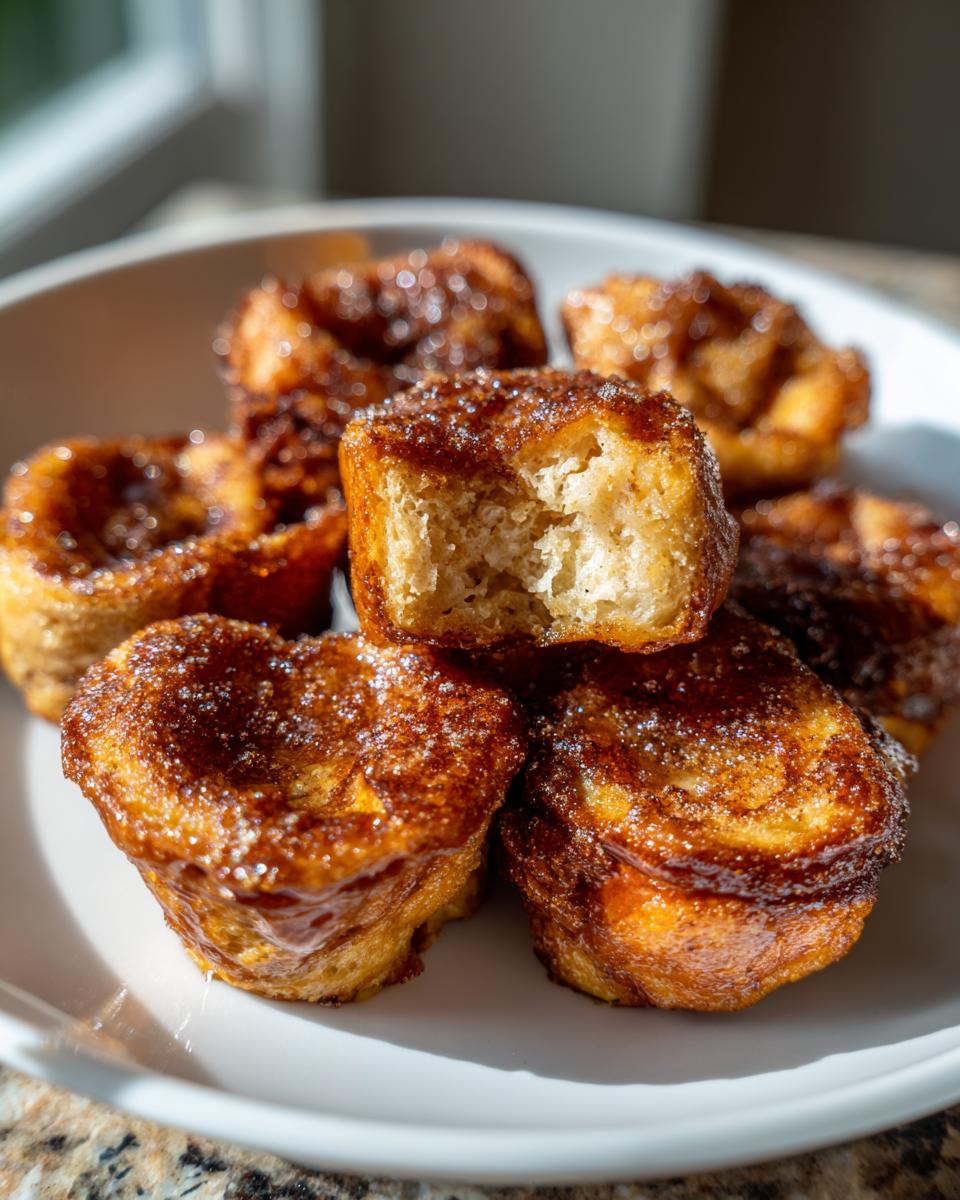 A stack of golden brown hawaiian roll french toast bites, heavily coated in cinnamon sugar, with one bite broken open.