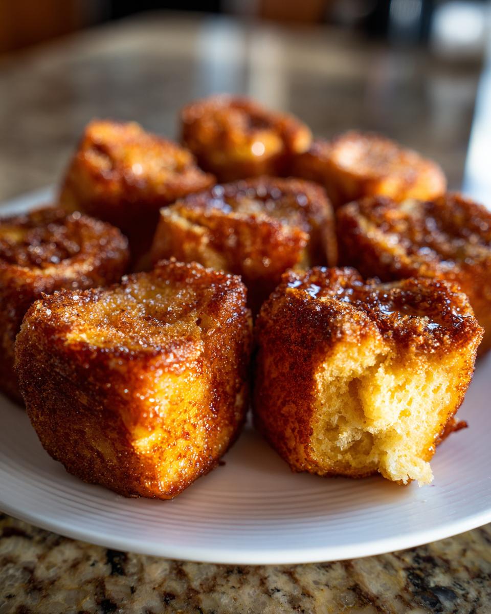 Close-up of several golden brown hawaiian roll french toast bites coated in cinnamon sugar on a white plate.