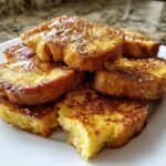 A stack of golden brown hawaiian roll french toast bites dusted with powdered sugar on a white plate.