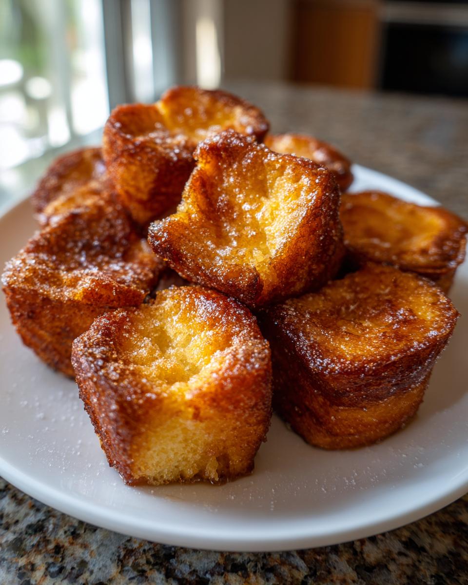 A stack of golden brown Hawaiian roll French toast bites dusted with powdered sugar on a white plate.