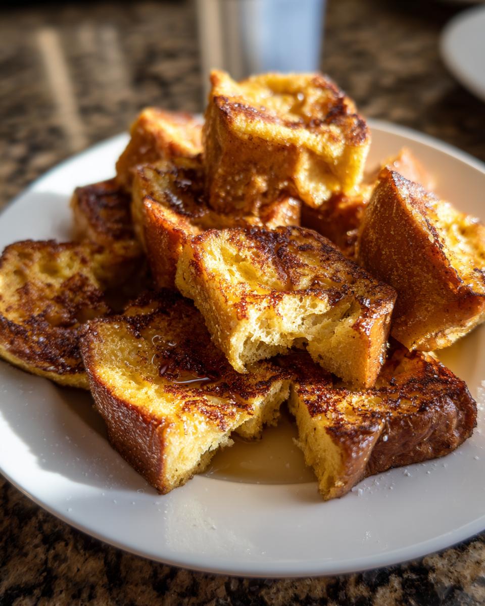 A close-up of golden brown hawaiian roll french toast bites drizzled with syrup on a white plate.