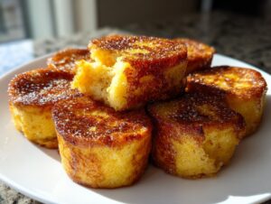 Close-up of golden brown Hawaiian roll French toast bites stacked on a white plate, dusted with sugar.