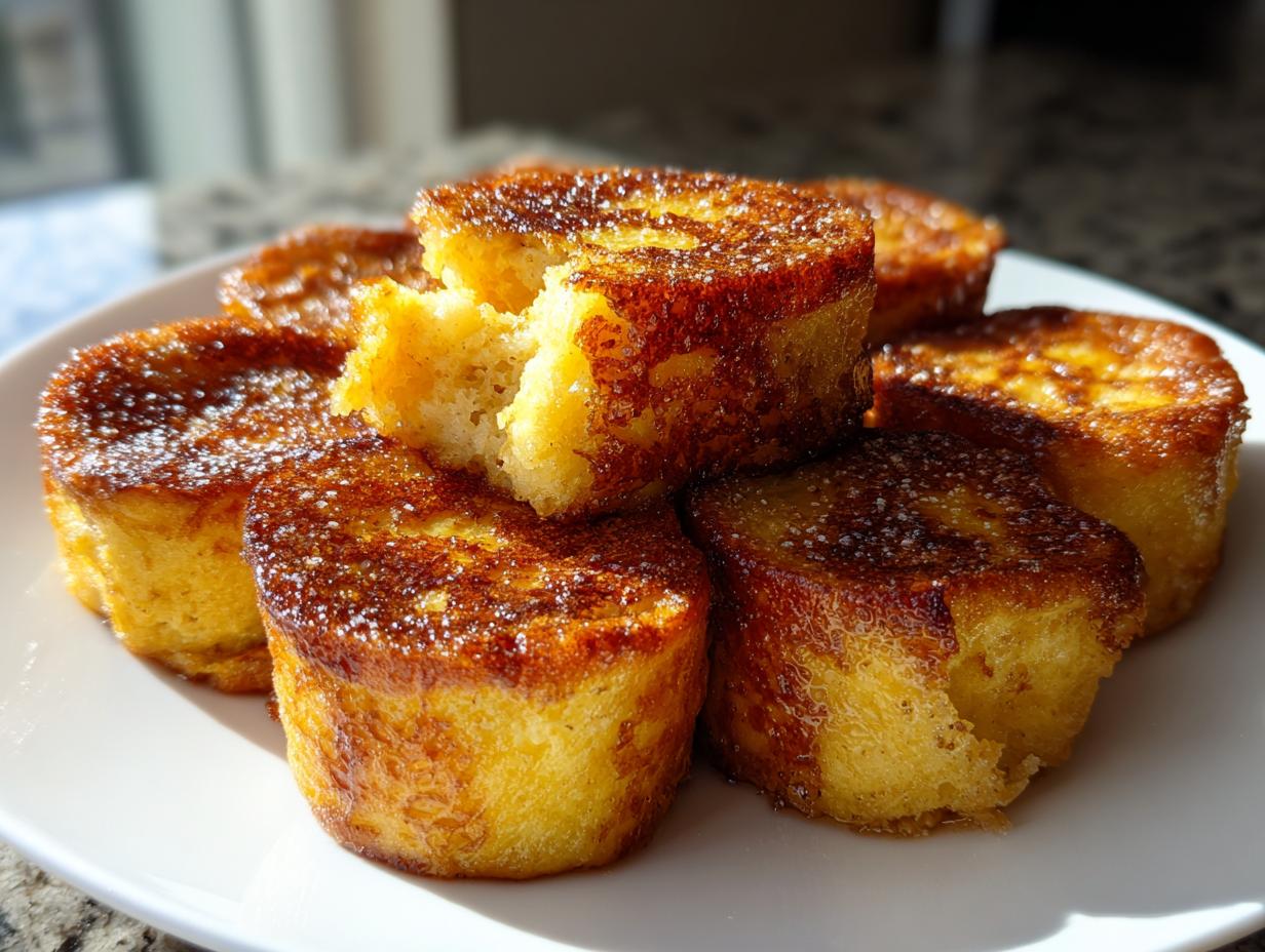 Close-up of golden brown Hawaiian roll French toast bites stacked on a white plate, dusted with sugar.