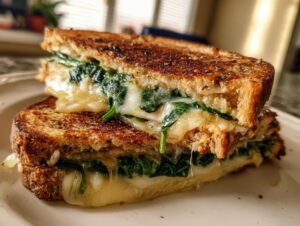Close-up of a grilled, whole-grain healthy breakfast sandwich stuffed with melted cheese and wilted spinach.