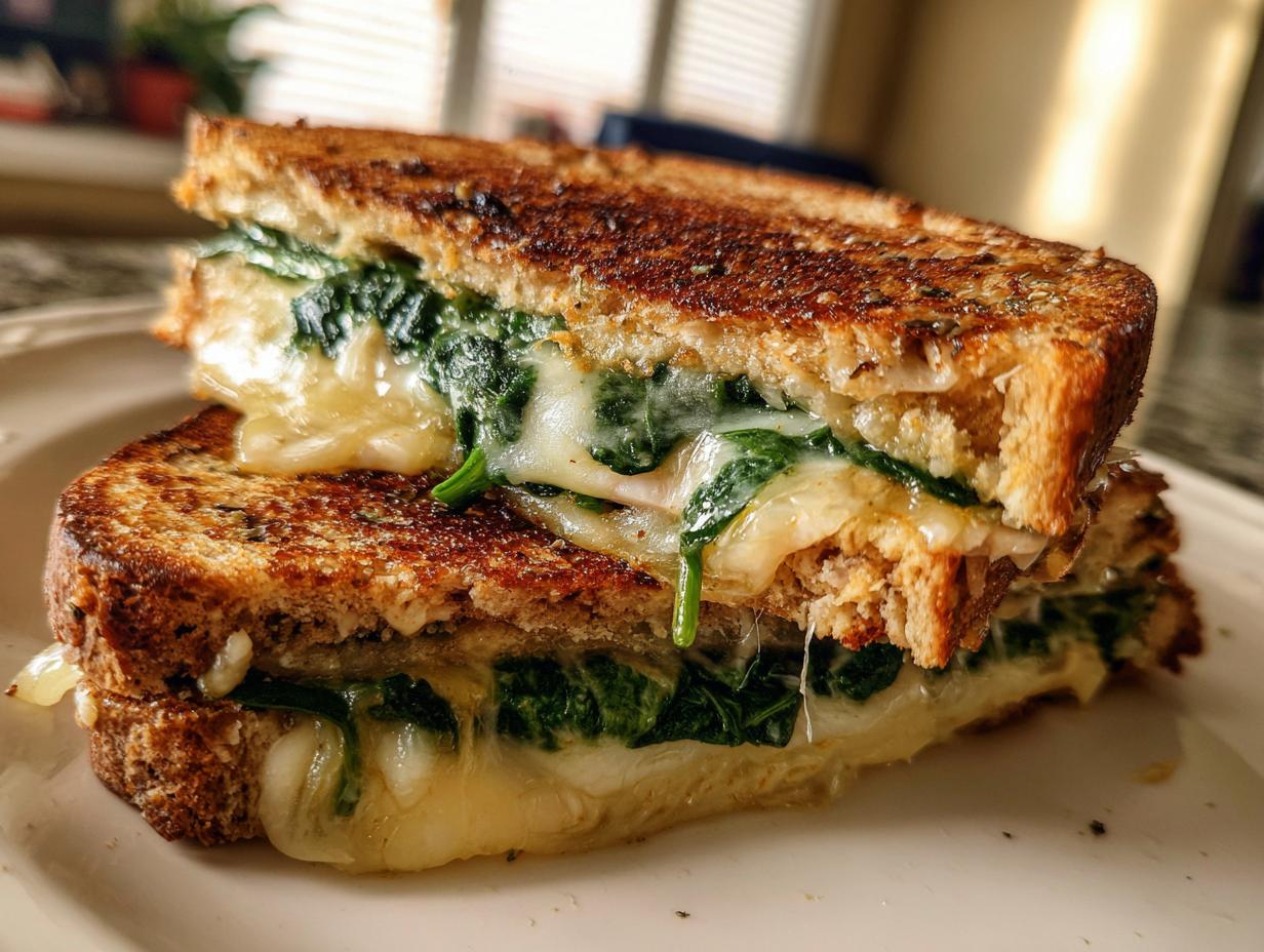 Close-up of a grilled, whole-grain healthy breakfast sandwich stuffed with melted cheese and wilted spinach.