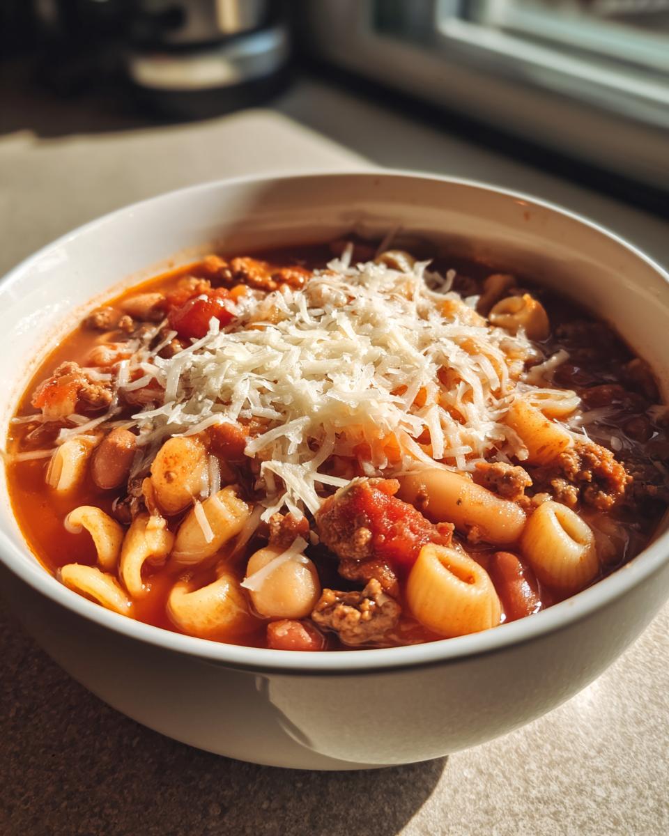 Close-up of a white bowl filled with rich, tomato-based pasta fagioli, topped generously with shredded Parmesan cheese.