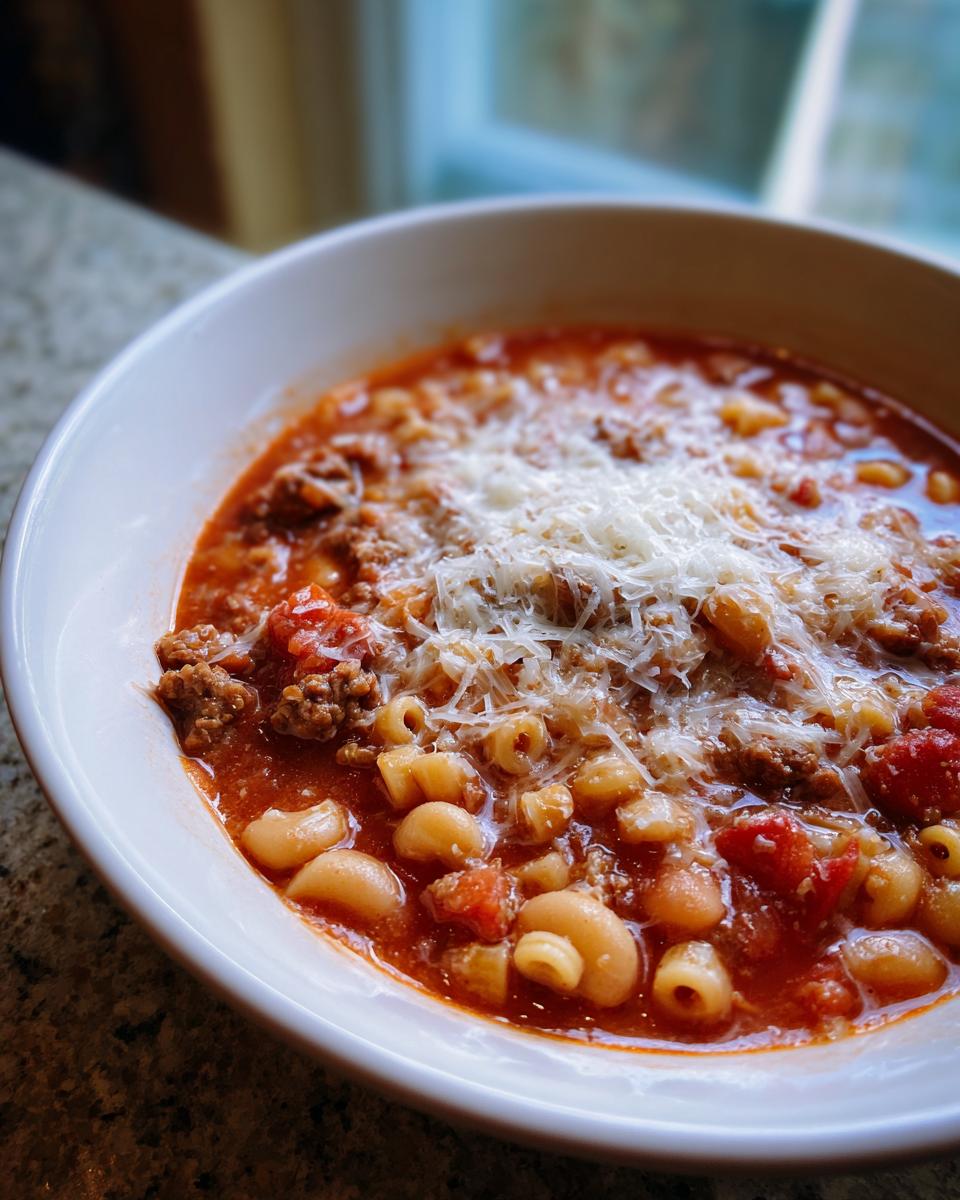 Close-up of a white bowl filled with rich, tomato-based pasta fagioli, topped with grated Parmesan cheese.