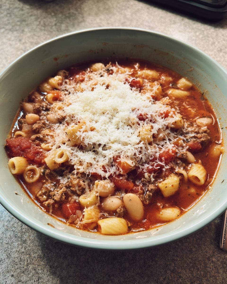 A close-up of a bowl of rich pasta fagioli soup topped generously with grated Parmesan cheese.
