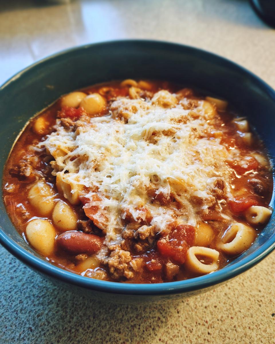A close-up of a rich bowl of pasta fagioli, featuring beans, meat, and pasta in tomato broth, topped generously with grated Parmesan cheese.