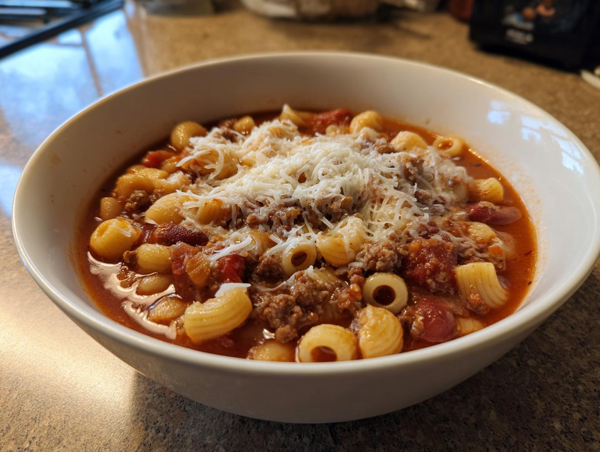 Close-up of a white bowl filled with rich, tomato-based pasta fagioli, topped generously with shredded Parmesan cheese.