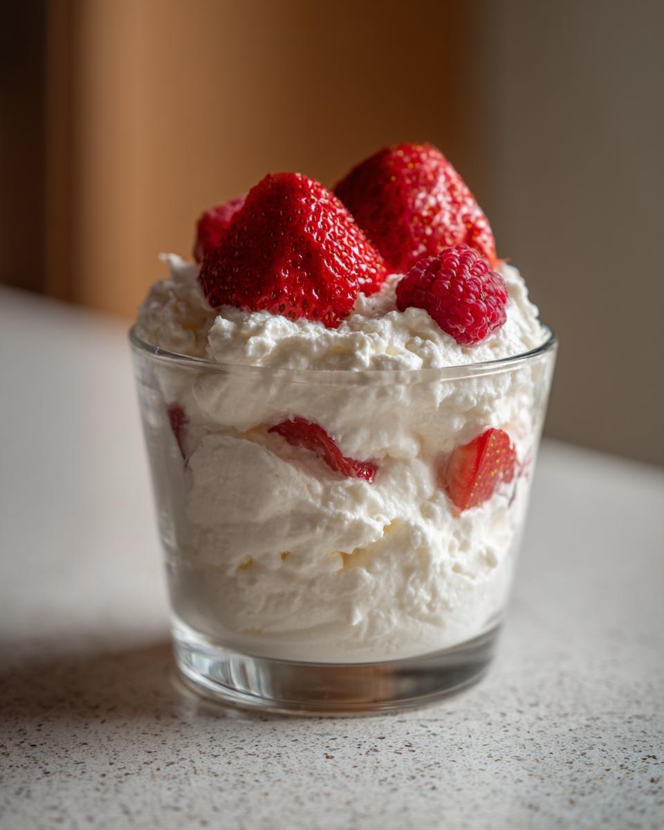 A glass serving of light and fluffy high protein cheesecake fluff topped with fresh strawberries and a raspberry.