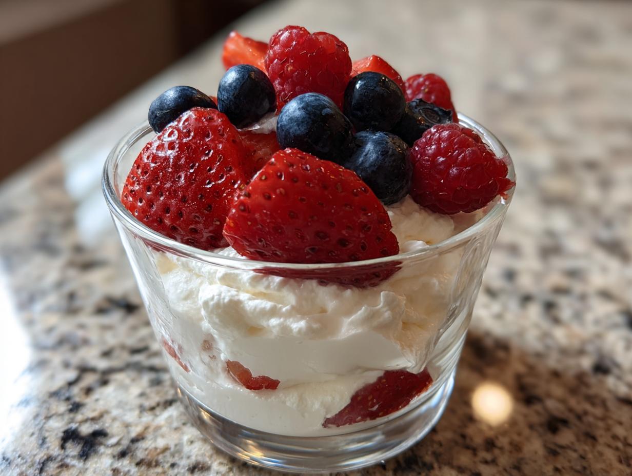 A glass serving of white, creamy high protein cheesecake fluff topped with fresh strawberries, blueberries, and raspberries.
