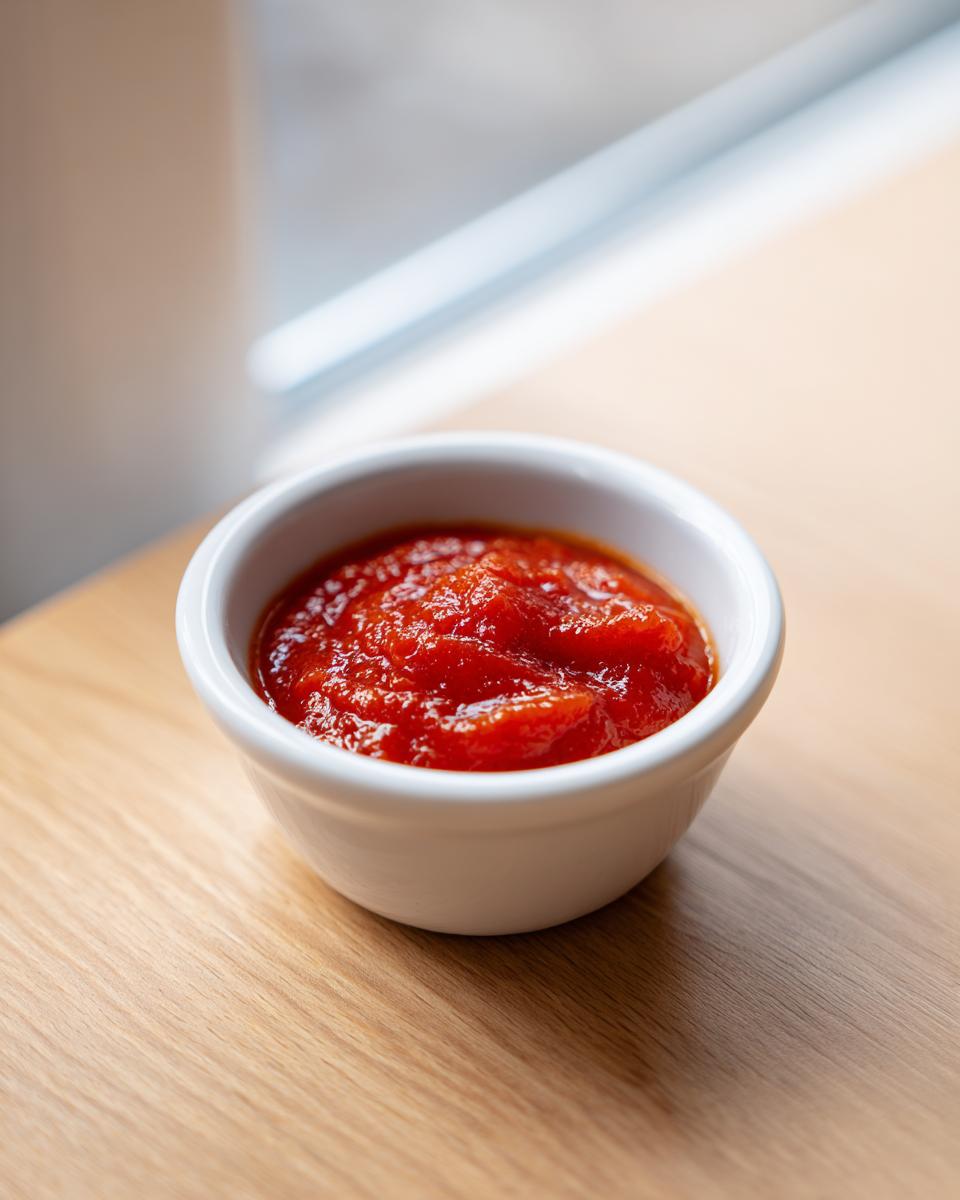 Close-up of bright red homemade cocktail sauce recipe served in a small white ramekin on a wooden surface.