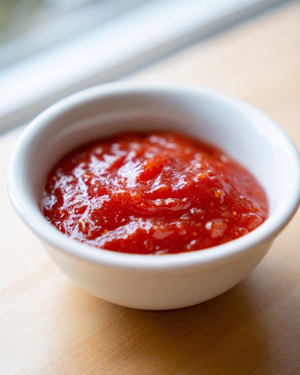 Close-up of bright red, chunky homemade cocktail sauce recipe served in a small white bowl.