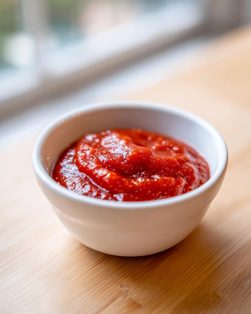 Close-up of rich, red homemade cocktail sauce recipe served in a small white bowl on a wooden surface.