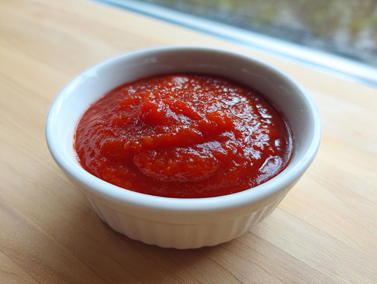 A close-up of vibrant red homemade cocktail sauce recipe served in a small white ramekin on a light wooden surface.