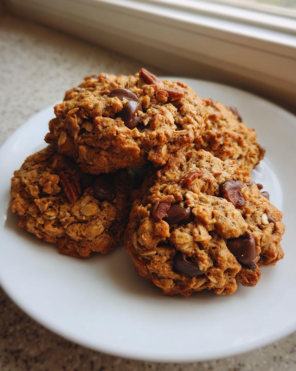A close-up of several chewy cowboy cookies loaded with oats, chocolate chips, and pecans stacked on a white plate.