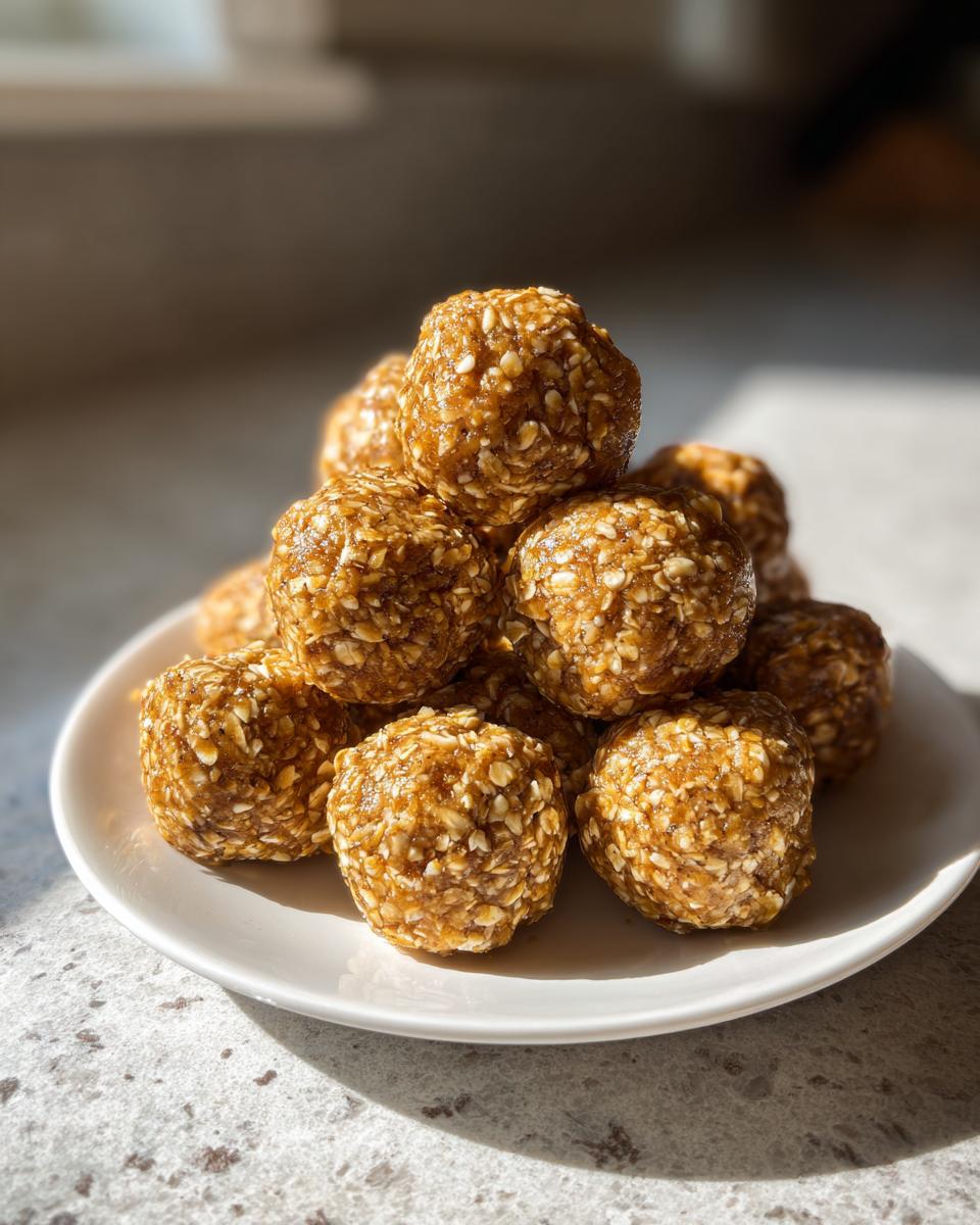 A stack of delicious, homemade protein balls made with visible oats, sitting on a white plate.
