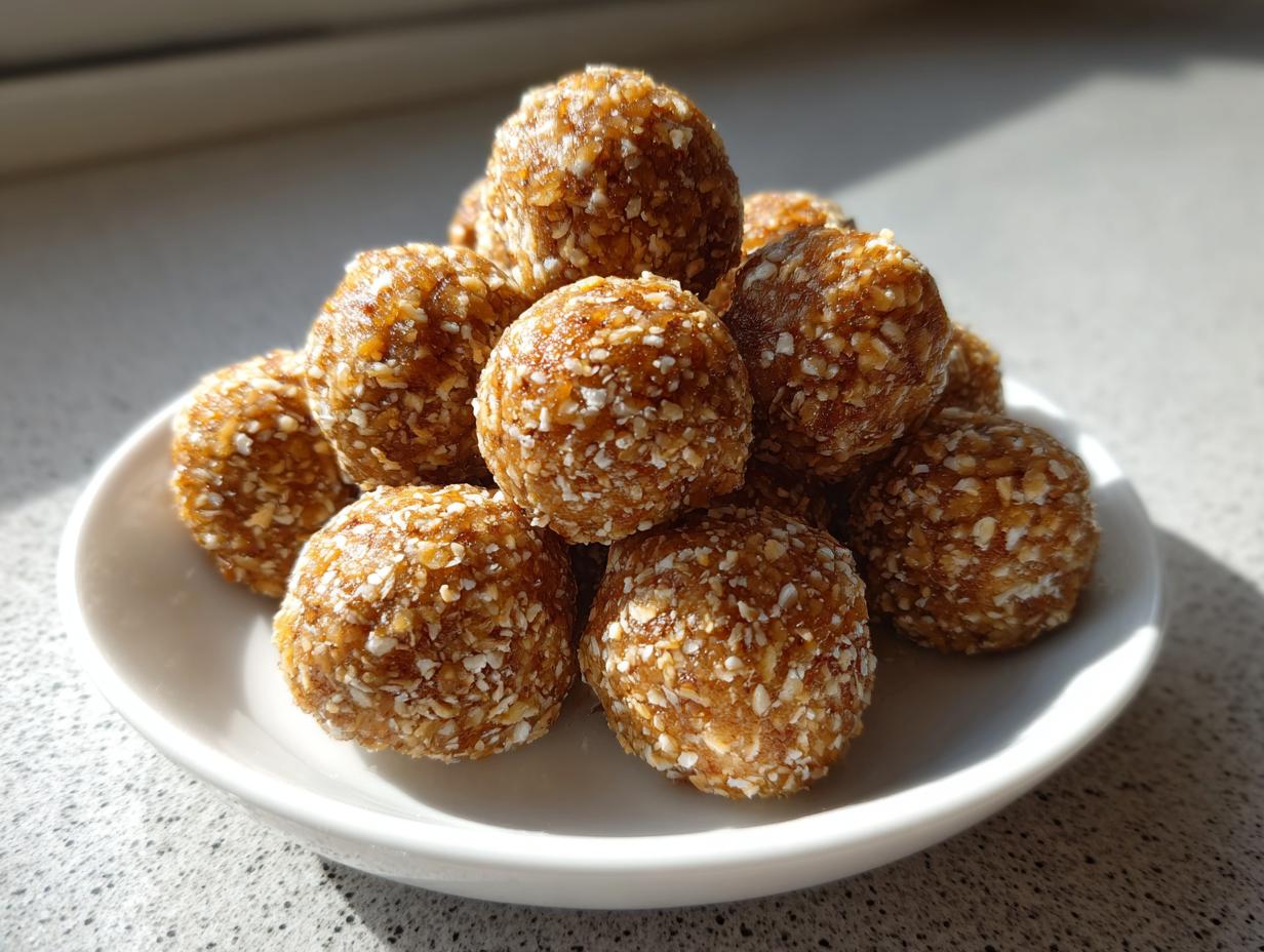 A close-up of several homemade protein balls stacked on a small white dish, coated in visible oat flakes.