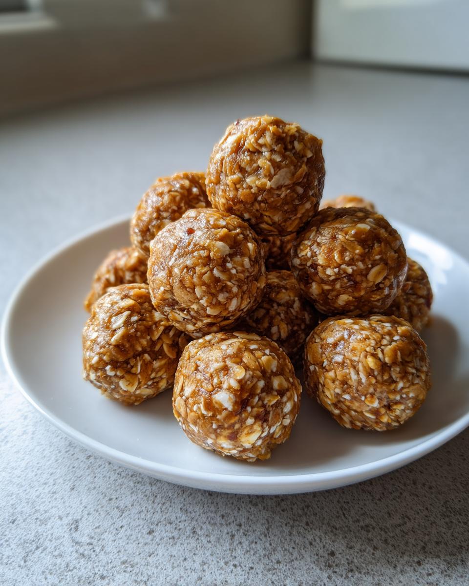 A close-up stack of homemade protein balls made with visible oats, served on a small white plate.
