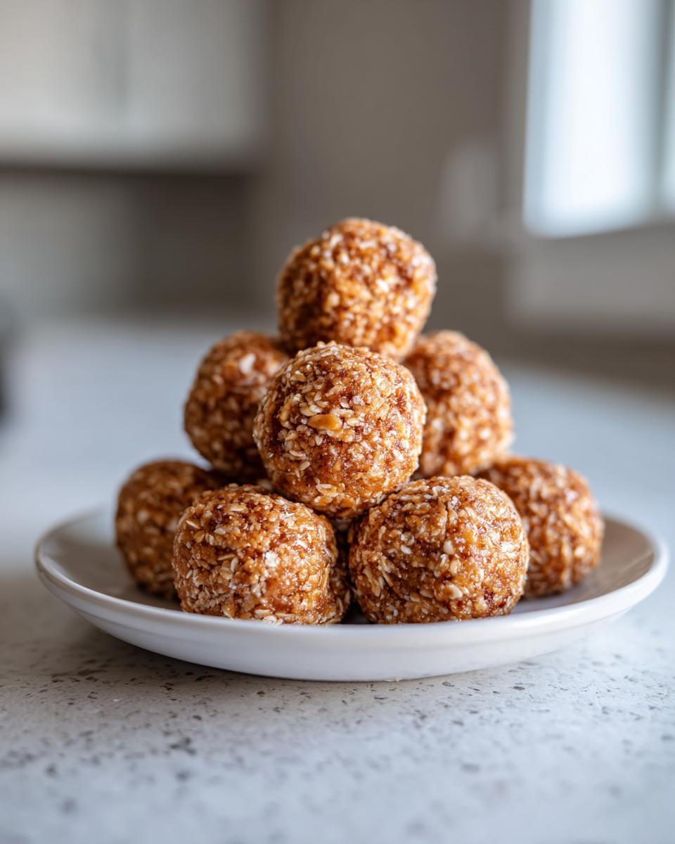 A stack of delicious, homemade protein balls coated in shredded coconut served on a small white plate.