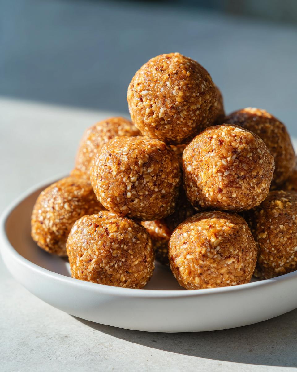 A close-up stack of homemade protein balls coated in visible seeds, served in a shallow white bowl.