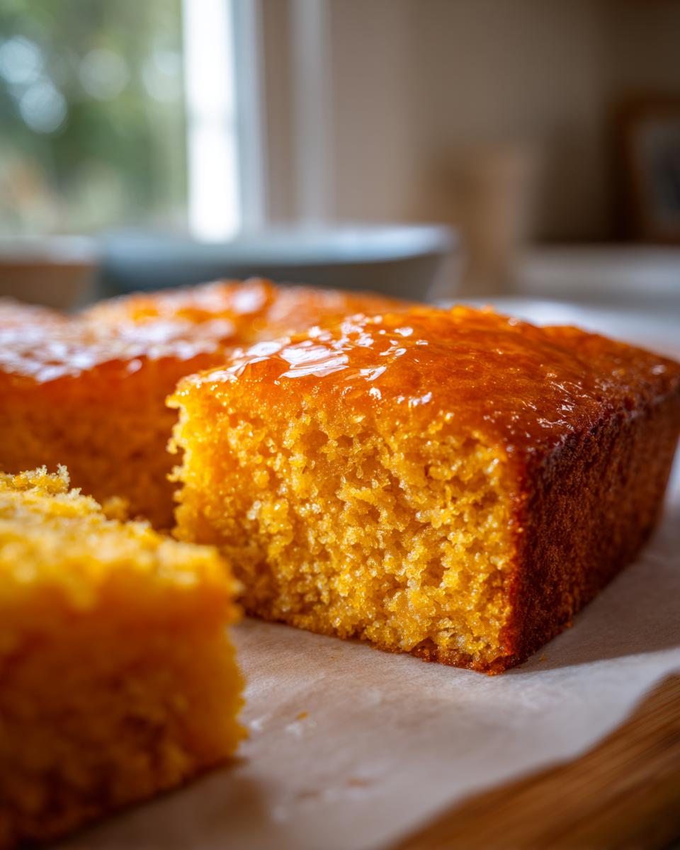 A close-up, rich orange slice of Honey Butter Sweet Potato Cornbread glistening with a sweet glaze.