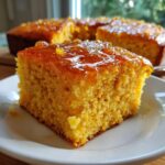 Close-up of a square slice of bright orange Honey Butter Sweet Potato Cornbread topped with a thick, glistening honey glaze.