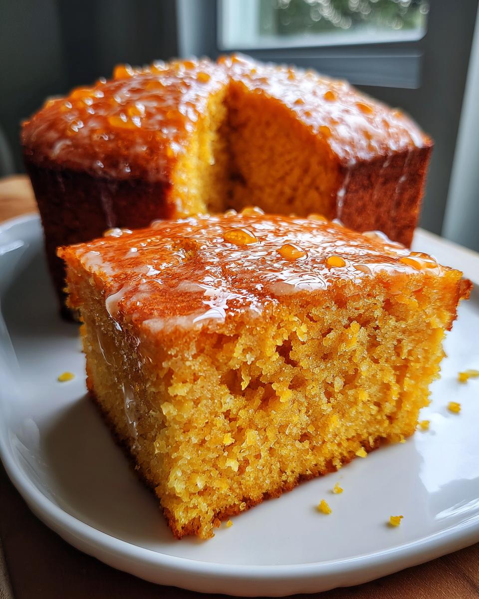 A close-up of a slice of moist Honey Butter Sweet Potato Cornbread topped with a sweet glaze.