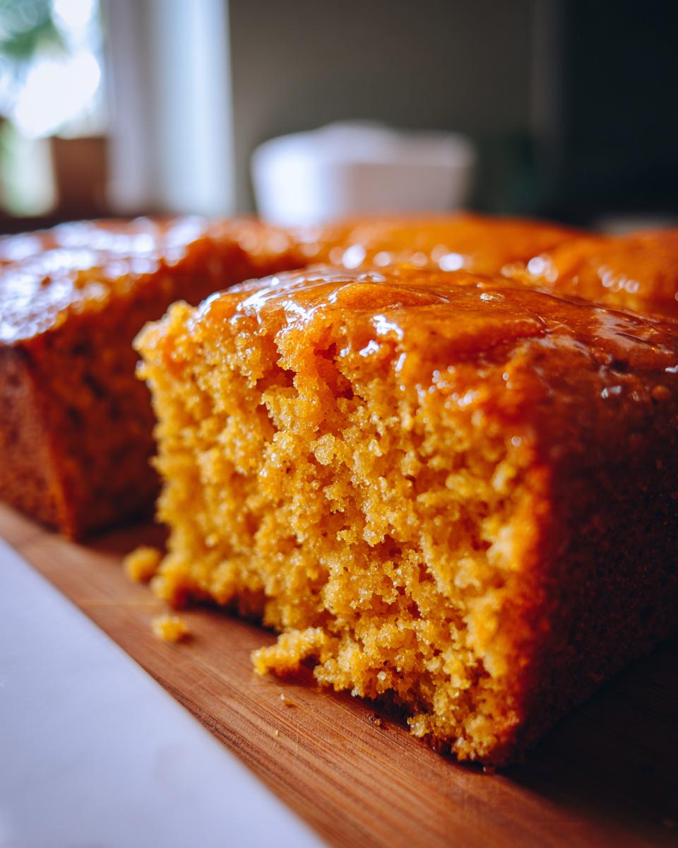 Close-up of a moist slice of Honey Butter Sweet Potato Cornbread with a glossy honey butter glaze.
