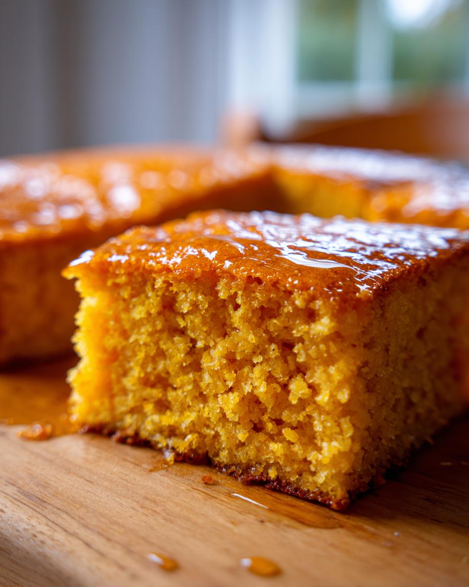 Close-up of a moist slice of Honey Butter Sweet Potato Cornbread topped with a glossy honey glaze.