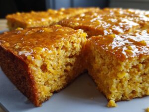 Close-up of moist Honey Butter Sweet Potato Cornbread squares topped with a glossy glaze.