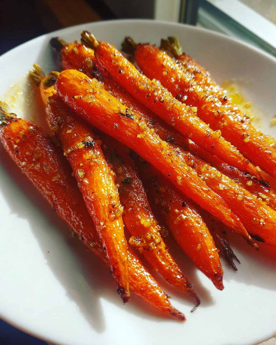 A close-up of bright orange Honey Garlic Butter Roasted Carrots, glistening with glaze and seasoning, served on a white plate.