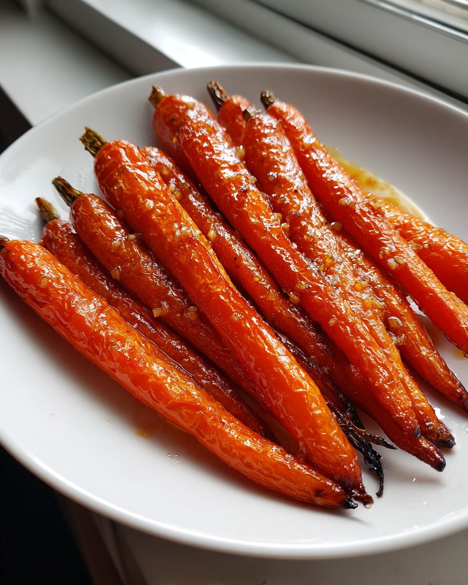 Close-up of glossy, bright orange Honey Garlic Butter Roasted Carrots served on a white plate.