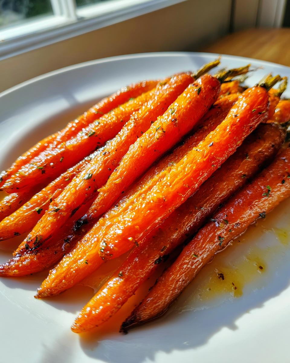Close-up of glossy, bright orange Honey Garlic Butter Roasted Carrots seasoned with herbs on a white plate.